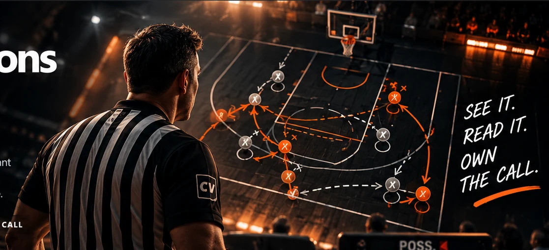 A basketball official studies an overhead court diagram with player positions and orange movement paths.
